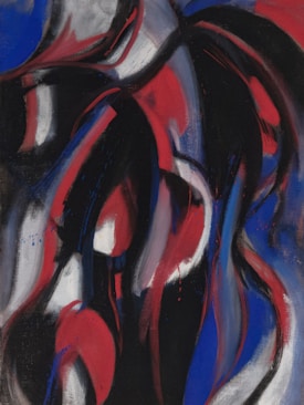 An abstract painting showcasing bold, sweeping strokes of red, blue, black, and white colors. The composition features curved shapes that interlace and overlap in a fluid manner, creating a dynamic and energetic visual effect.