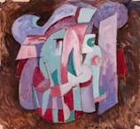 An abstract composition featuring a blend of geometric and organic shapes painted with broad strokes and a textured technique. The image layers various colors, including pastel shades, against a dark, earthy background, creating a sense of depth and movement.
