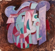 An abstract composition featuring a blend of geometric and organic shapes painted with broad strokes and a textured technique. The image layers various colors, including pastel shades, against a dark, earthy background, creating a sense of depth and movement.