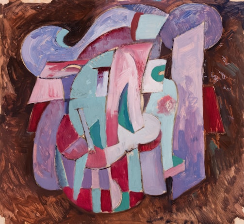 An abstract composition featuring a blend of geometric and organic shapes painted with broad strokes and a textured technique. The image layers various colors, including pastel shades, against a dark, earthy background, creating a sense of depth and movement.