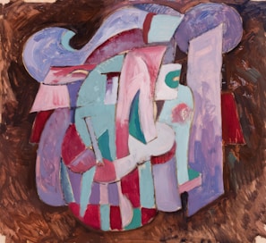 An abstract composition featuring a blend of geometric and organic shapes painted with broad strokes and a textured technique. The image layers various colors, including pastel shades, against a dark, earthy background, creating a sense of depth and movement.