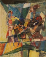 An abstract painting featuring musicians playing instruments. The composition includes dynamic shapes and vibrant colors, creating a sense of movement and rhythm. The musicians are depicted with bold brushstrokes, and their forms blend with the surrounding elements.