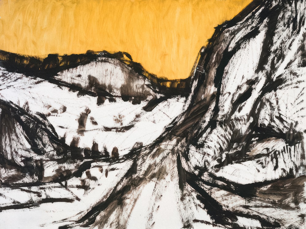 a drawing of a mountain with a yellow sky in the background