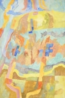 An abstract composition with a mix of organic shapes and vibrant colors. The painting features patches and streaks of blue, yellow, pink, and orange, creating an energetic and dynamic pattern. Bold brush strokes and soft blending techniques exhibit a sense of movement and spontaneity.