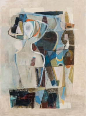 Contemporary geometric painting with layered squares and triangles in muted earth tones.