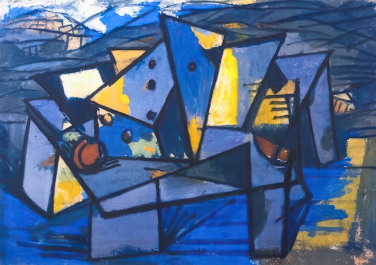 A colorful abstract painting with sharp geometric shapes in various shades of blue and yellow. The composition is complex with overlapping triangles and rectangles. The background features dark, wavy lines resembling mountainous landscapes. The foreground includes some rounded objects along with intense interplay of light and shadow, creating a dynamic and somewhat chaotic visual effect.