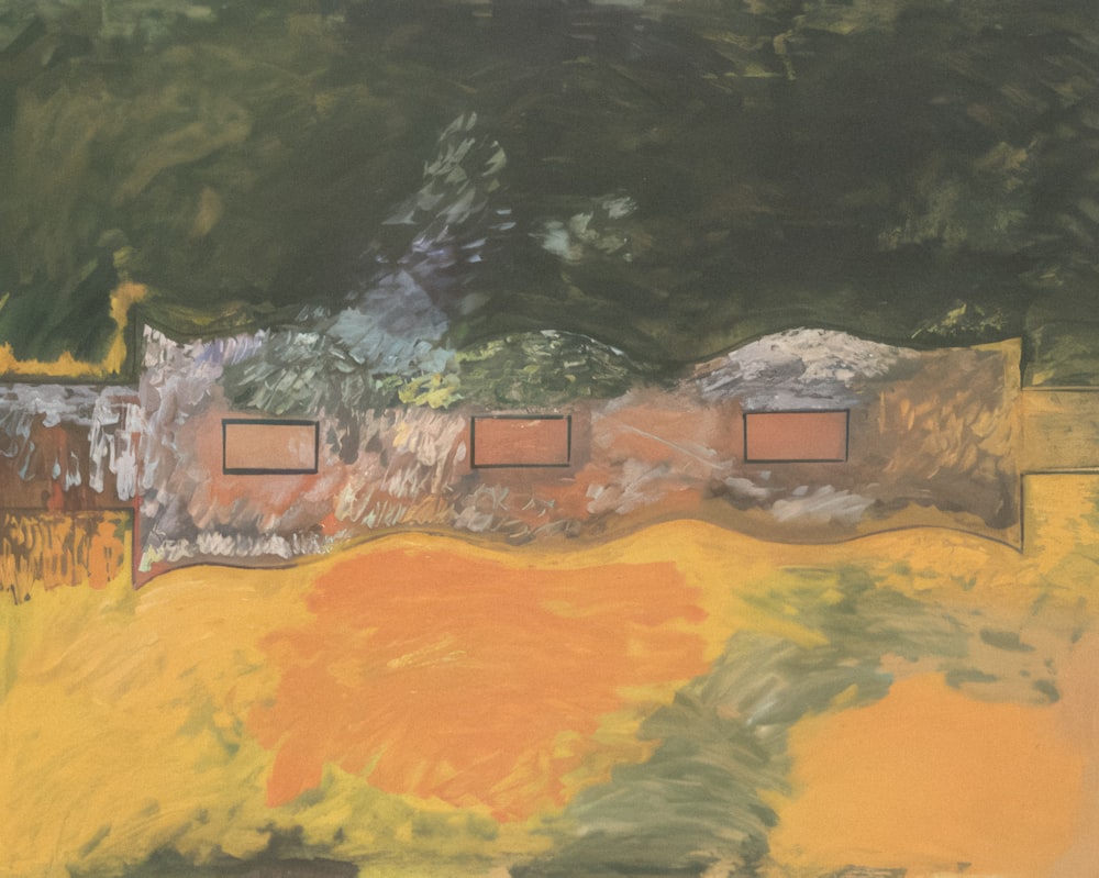 a painting of a yellow field with trees in the background