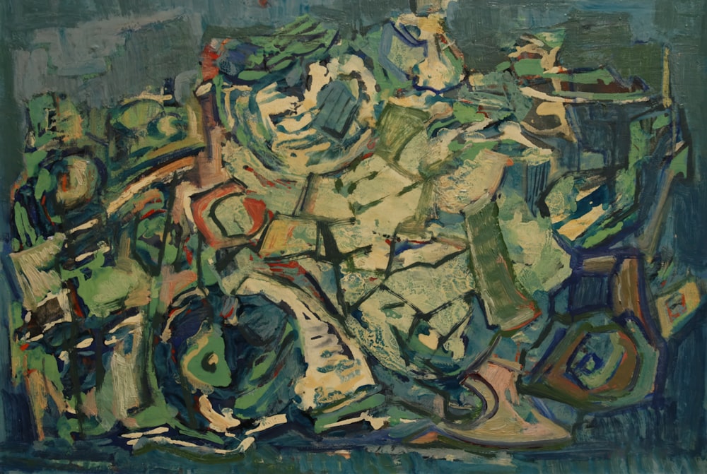 a painting of green and blue shapes