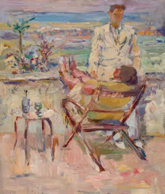 a painting of a man sitting in a chair