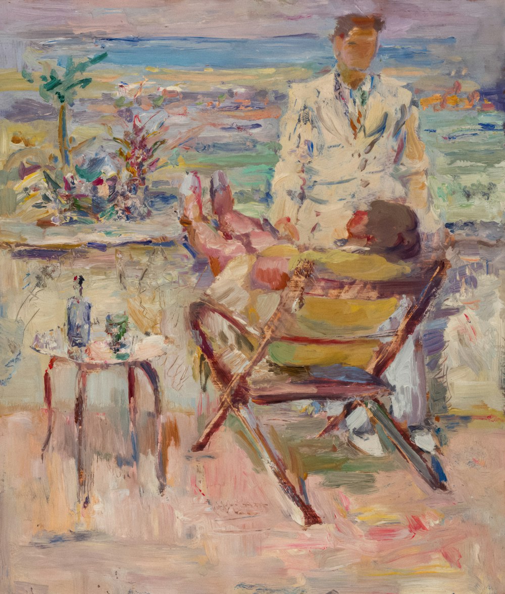 a painting of a man sitting in a chair