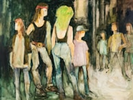 A group of abstract figures stand in an urban setting, with muted and earthy colors creating a somewhat gritty atmosphere. The figures have indistinct features and are dressed casually, with the use of brush strokes giving a sense of movement or bustling.