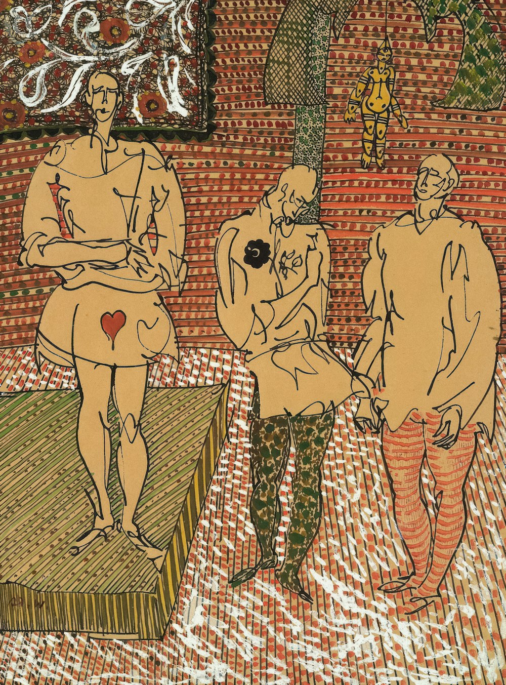 a drawing of three naked men standing next to each other