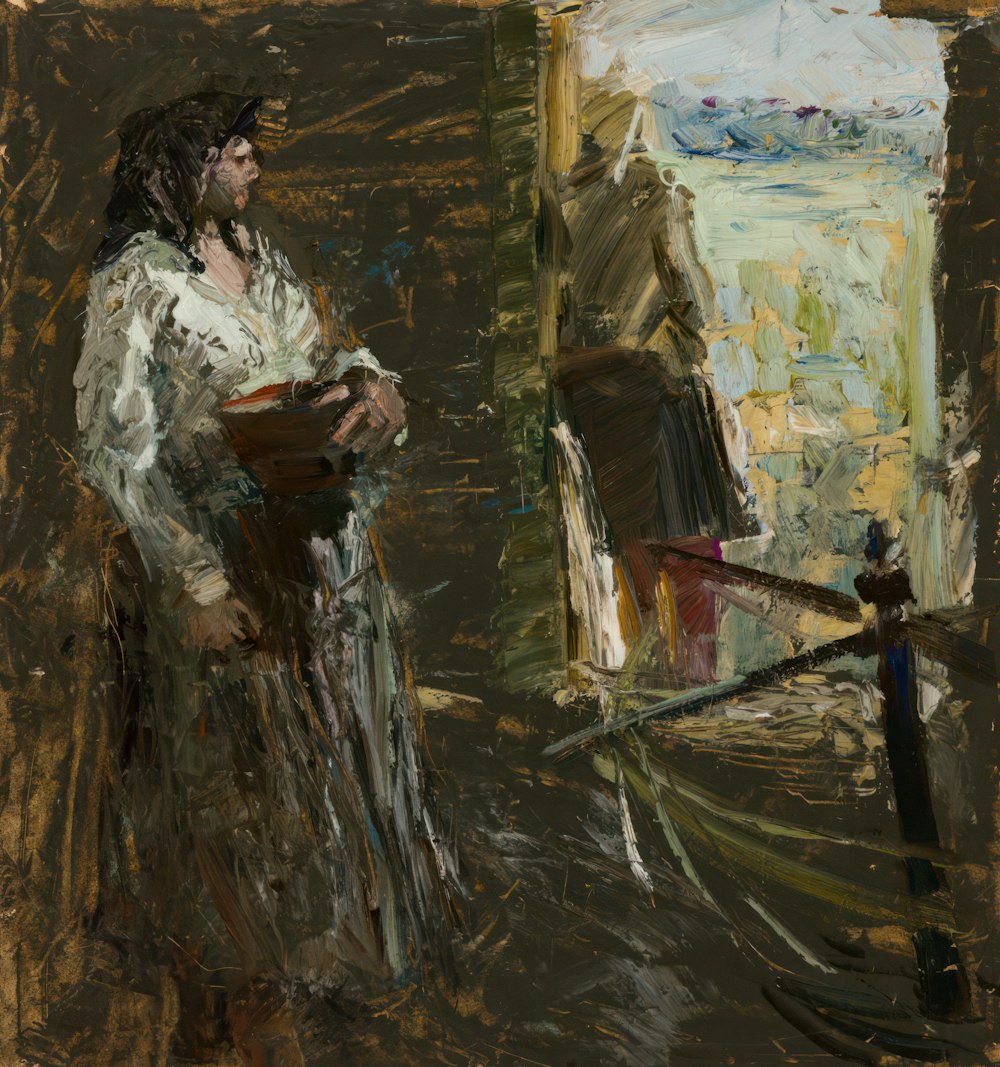 a painting of a woman standing in front of a mirror