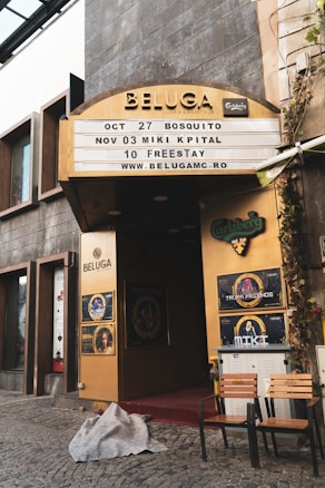 An entrance to a venue named Beluga with a signage displaying upcoming events and dates. The entrance is framed with golden panels and has various posters including Carlsberg and Trooper Friends. Two chairs and a small table are placed outside on a cobblestone pavement with a blanket lying on the ground.