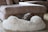 A dog is comfortably sleeping in a fluffy beige dog bed positioned next to a brown suede sofa. The setting appears cozy and calm, with soft furnishings and muted tones creating a peaceful atmosphere.