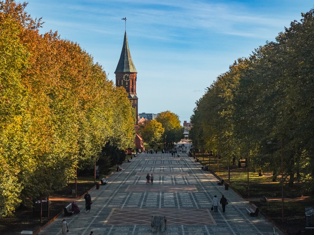 a city street with a clock tower in the background