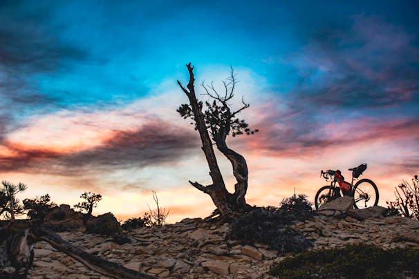 A dramatic sunset silhouette of a mountain biker on a ridge.