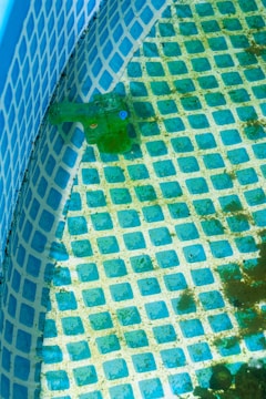 The image features the interior of an empty swimming pool with a grid-like pattern of blue squares. There is a green water gun lying on the bottom of the pool. Some area on the pool floor and walls have dark patches, likely indicating dirt or mold.