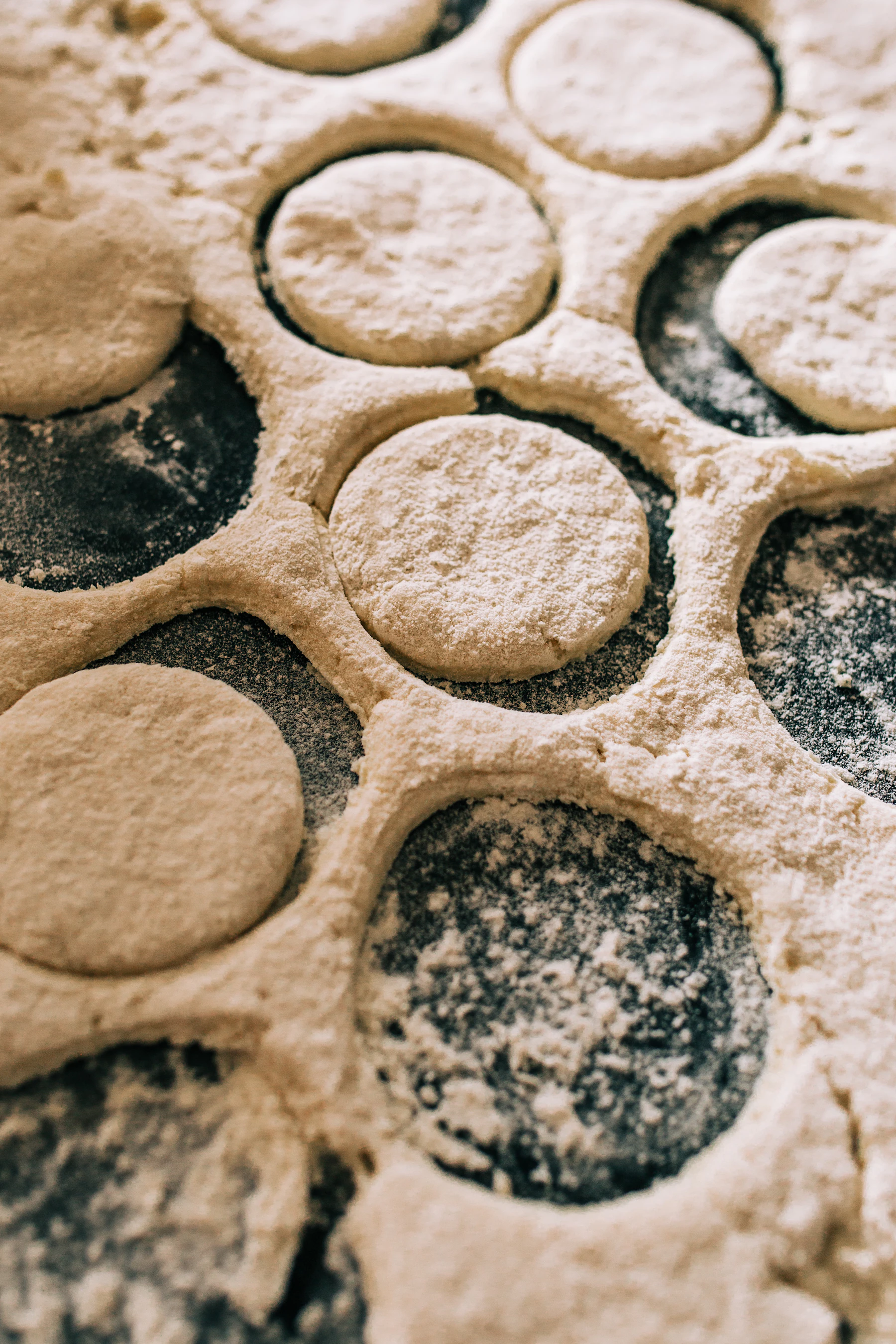 Rounds stamped out of rolled, floured dough, with the cut-out dough lattice around them