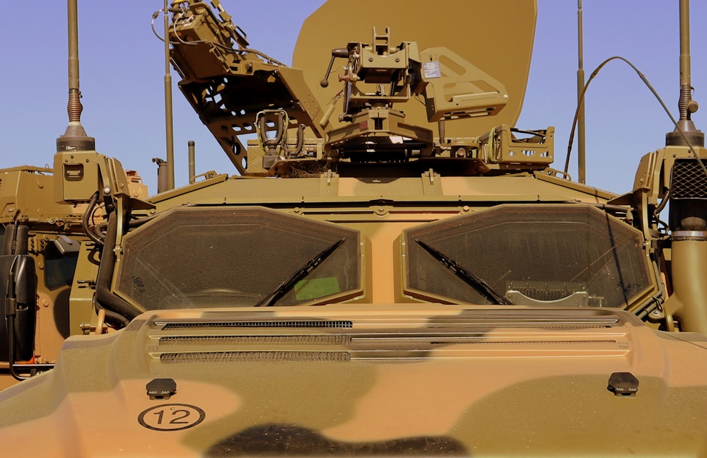 a close up of the front of a military vehicle