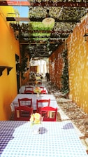 A charming outdoor cafe setting features a narrow walkway lined with tables covered in blue and white checkered cloths. Bright red chairs accompany each table, while flower arrangements in small vases add a touch of color. The space is shaded by a leafy canopy, casting intricate shadows on the ground and yellow walls, enhancing the rustic, Mediterranean ambiance.