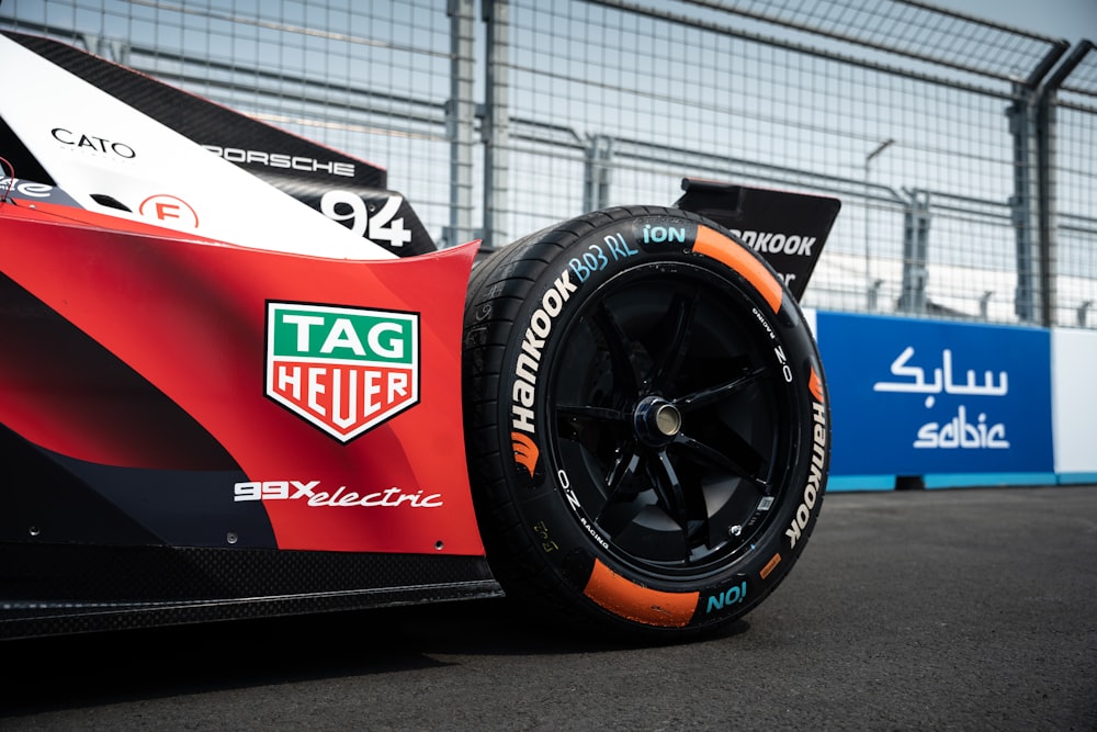 a close up of a racing car on a race track