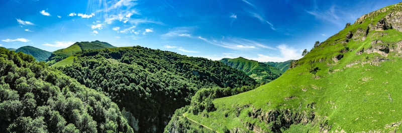 The image features a panoramic view of lush green hills and dense forests under a bright blue sky with scattered clouds. Rolling hills stretch into the distance, and the landscape is bathed in vibrant sunlight.