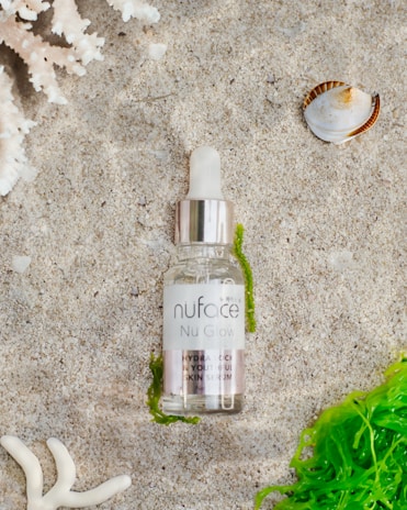 A glass bottle of skin serum with a dropper cap is placed on a sandy beach surface, surrounded by a piece of coral, a brown and white seashell, and vibrant green seaweed.
