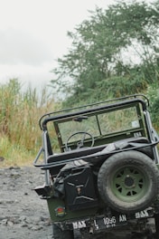 A vintage military-style jeep is parked on a rough, rocky path surrounded by lush green vegetation. The vehicle is dark green, with a visible spare tire at the back and a canister attached to the rear. The backdrop features tall grass and dense trees, and the sky appears overcast.