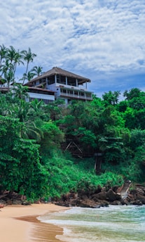 A cozy tropical house with ocean view in Reunion Island under a bright blue sky.