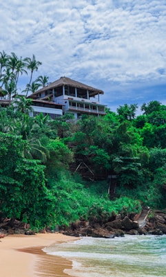 A tropical beach setting with lush green foliage and a house perched on a hill. The house has a thatched roof and overlooks the sandy beach and gentle waves. Palm trees and various plants surround the area, adding to the natural beauty. The sky is partly cloudy, providing a serene backdrop.