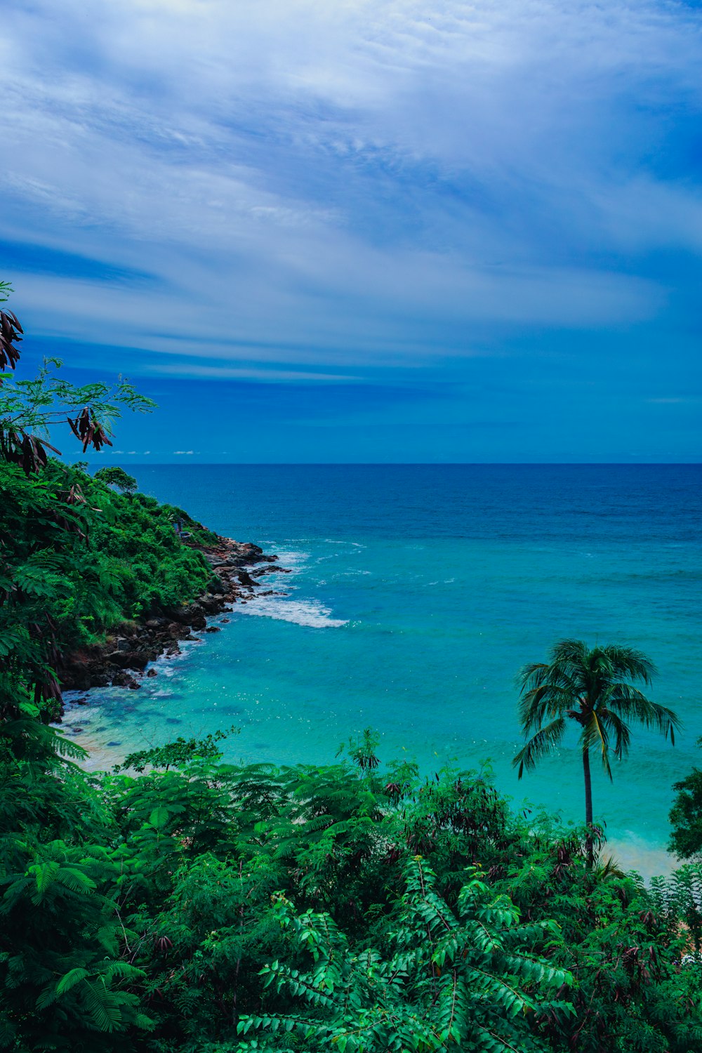 a view of the ocean from the top of a hill