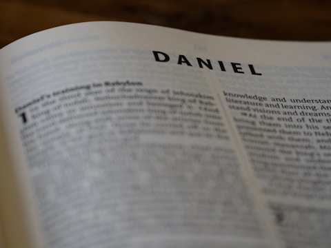 An open book with the word 'DANIEL' prominently displayed at the top of the page. The text below appears to be small and dense, suggesting detailed content, likely from a religious or historical document.