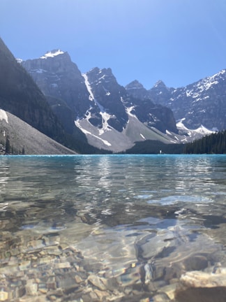 Snow-capped Rocky Mountains reflecting in a crystal-clear alpine lake.