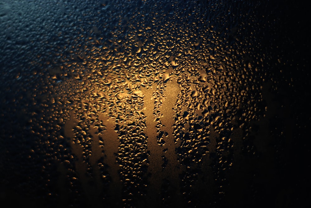 rain drops on a window with a street light in the background