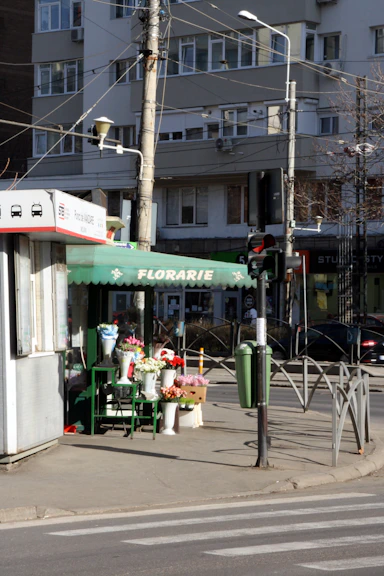a street corner with a flower shop on the corner