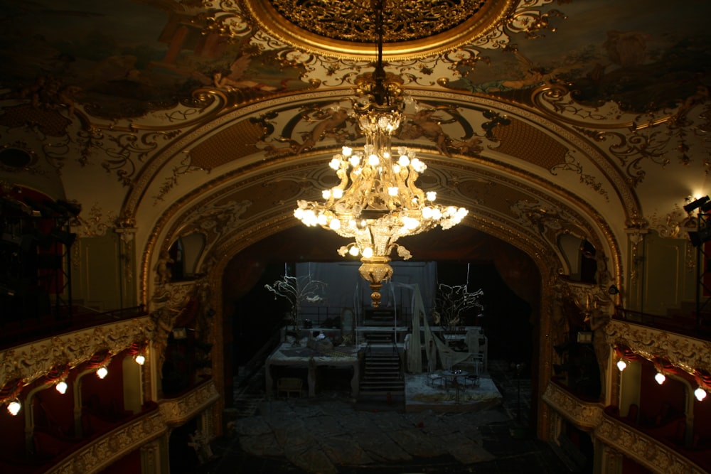 a chandelier hanging from the ceiling of a building