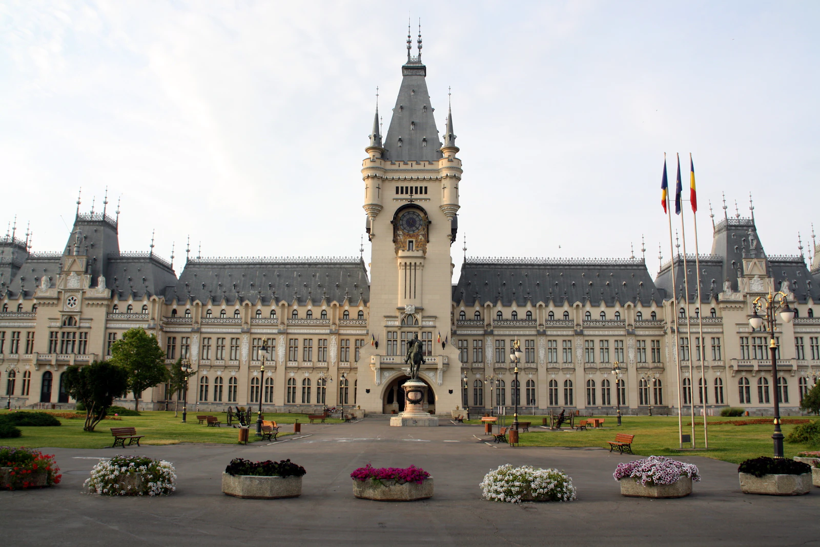 The neo-Gothic Palace of Culture in Iași, seen across its gardens