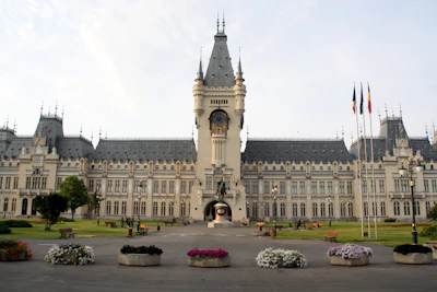 The neo-Gothic Palace of Culture in Iași, seen across its gardens