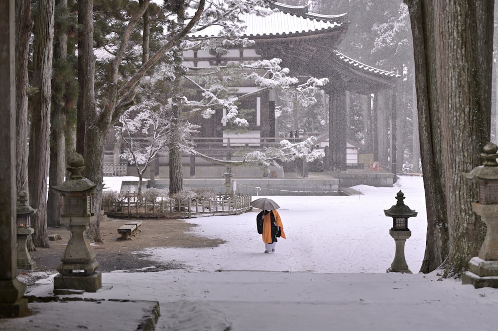 une personne marchant dans la neige avec un parapluie