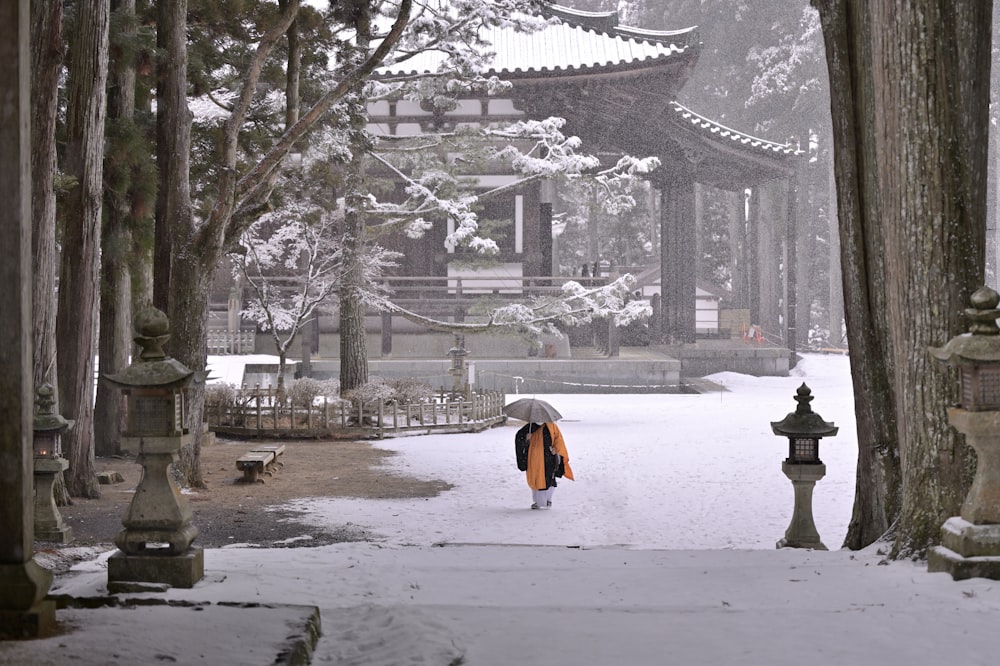 a person walking in the snow with an umbrella