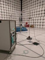 Wide shot of a lab with multiple soundproof chambers used for building product testing.
