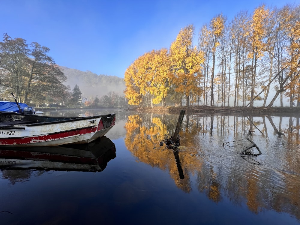 a boat sitting on top of a lake next to a forest