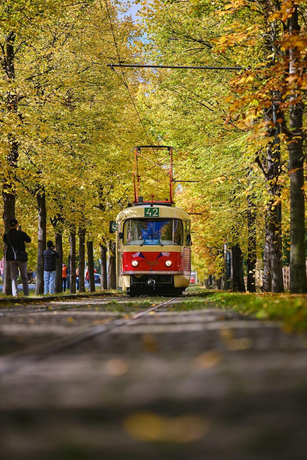a red and white trolley car traveling down a tree lined street