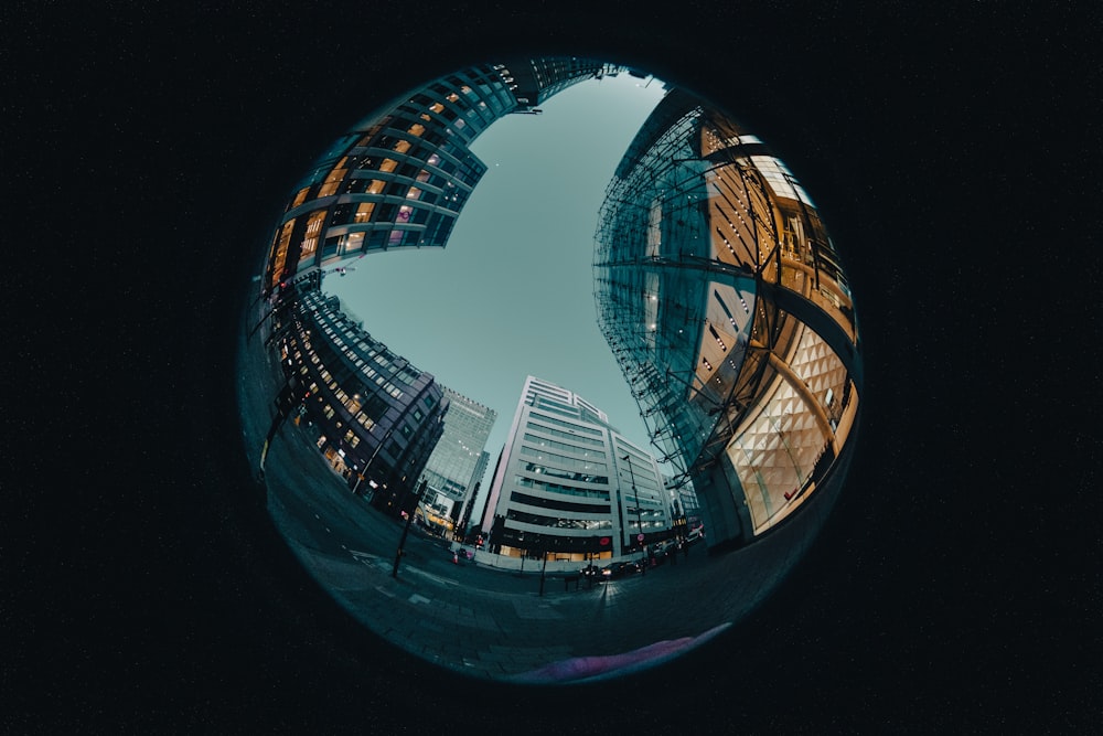 a fish eye view of a city at night