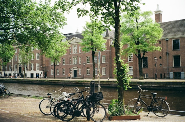 Bicycles are lined up along a canal with a cobblestone path in the foreground. A row of red-brick buildings with white-framed windows and steep roofs lines the opposite side of the canal. Tall green trees provide a lush canopy, and the water in the canal adds a serene atmosphere.
