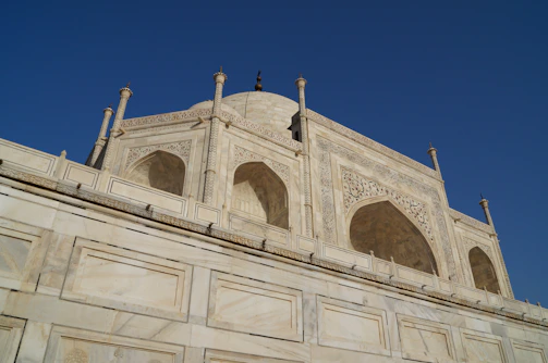 Close-up of intricate marble carvings on the Taj Mahal bathed in morning light.