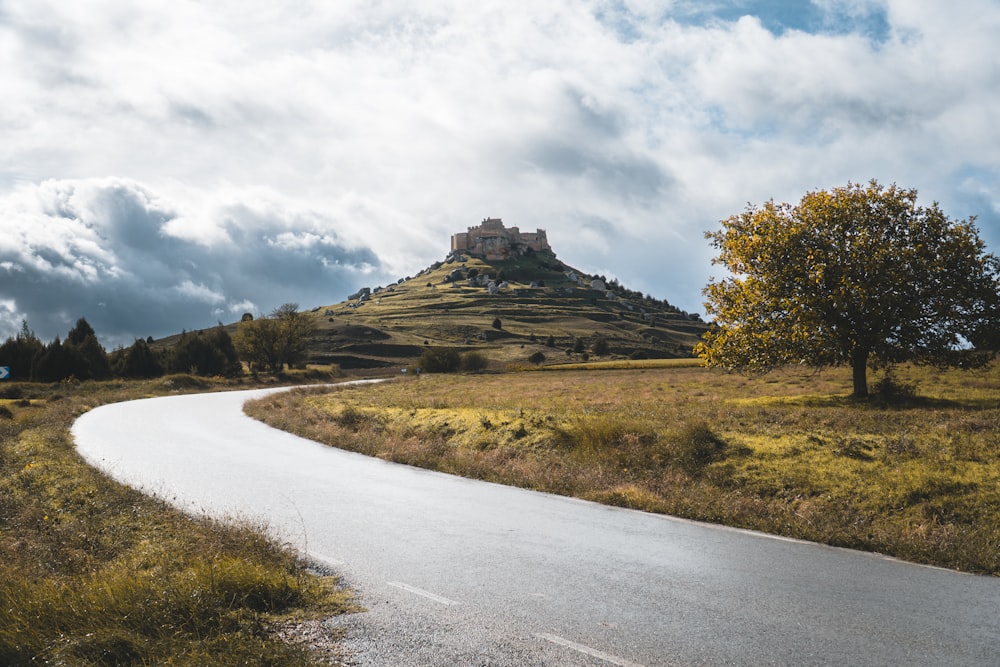 a winding road with a castle on a hill in the background