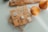 A collection of wooden stamps with intricate designs, including floral patterns and decorative symbols, is displayed on a light surface. The arrangement includes natural elements like seashells and a translucent rock. In the background, there are two brown pears and a piece of wood.