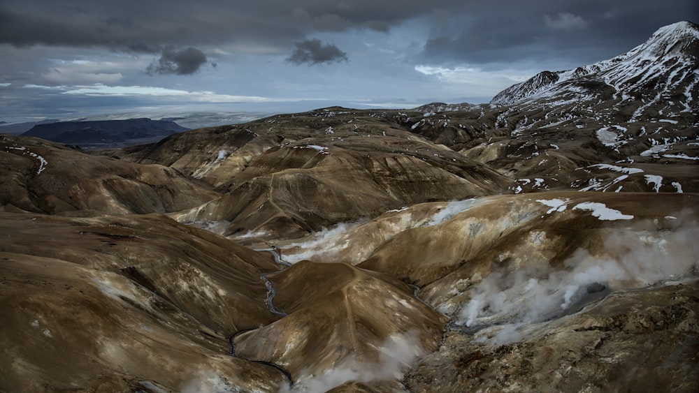 a view of a mountain range covered in snow